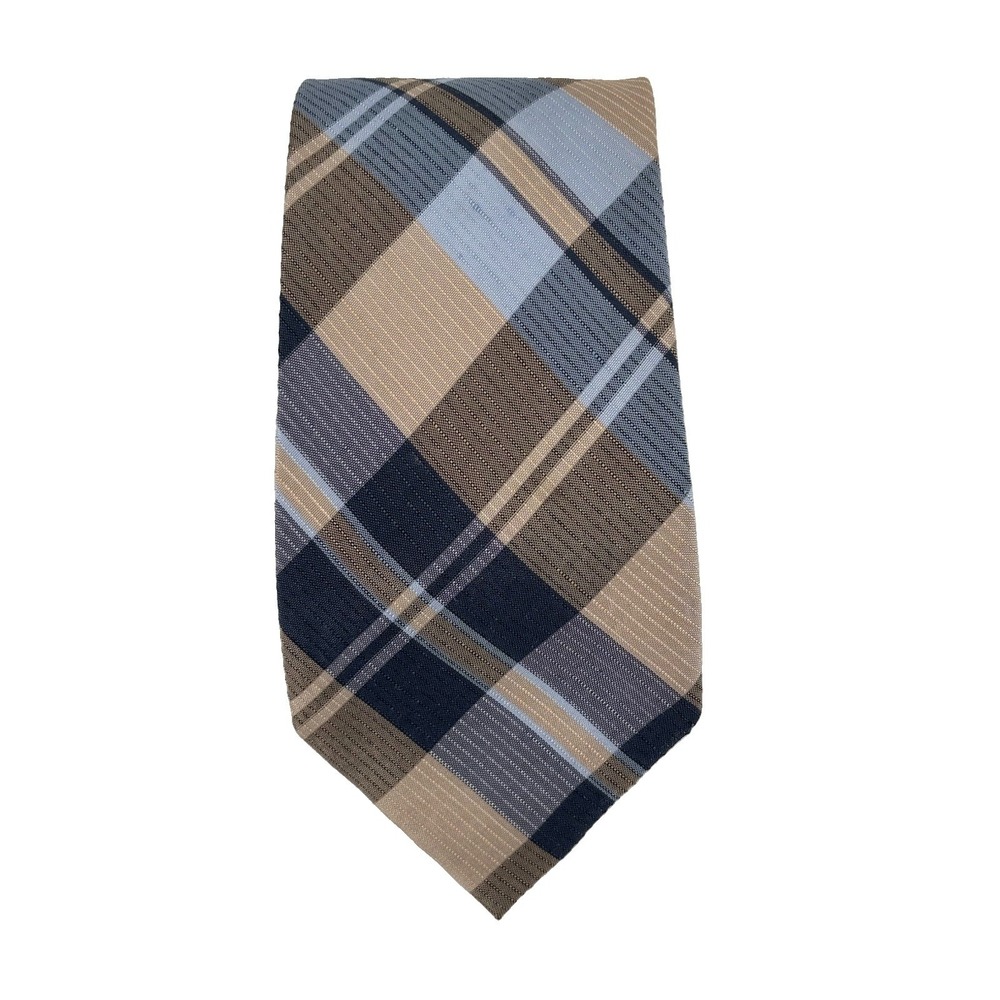 Calvin Klein Linen Silk Blend Mens Tie, Blue/Tan Plaid Preppy, Stylish, Classic